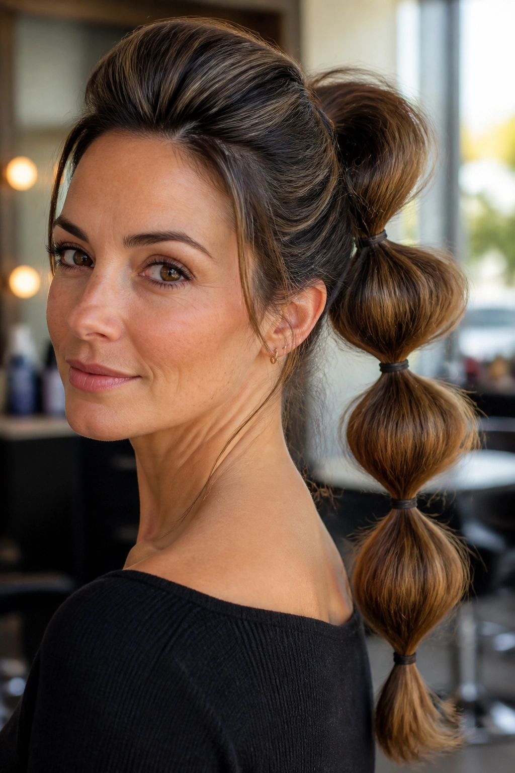 Close-up of a real woman with crown-lift bubble ponytail and teased crown in a soft salon setting
