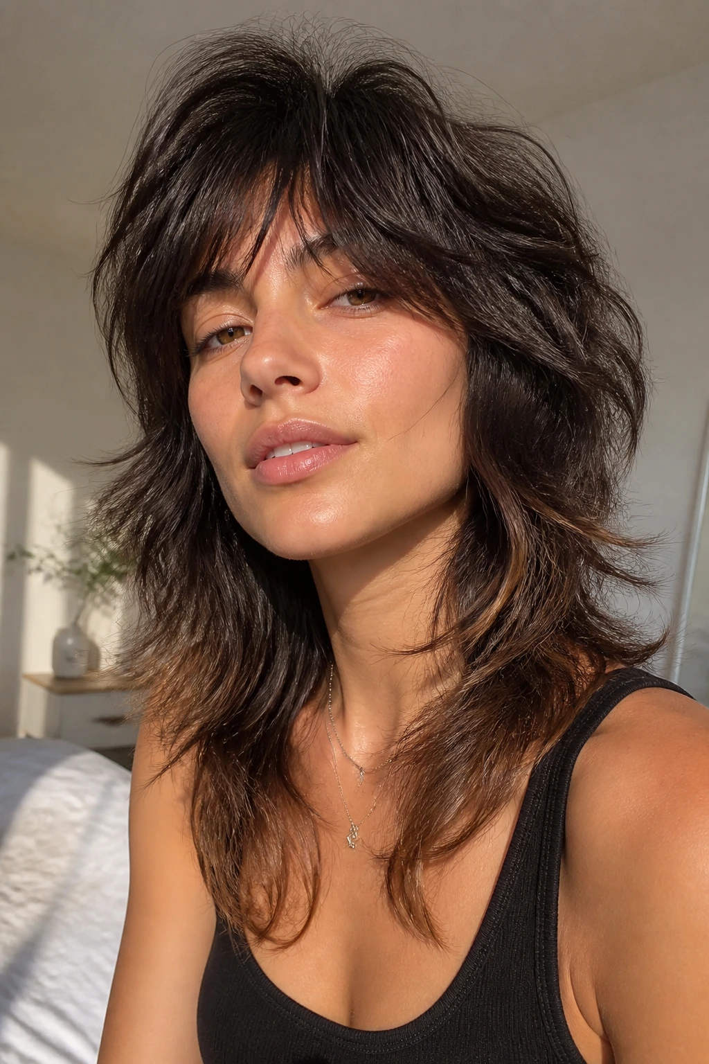 Close-up portrait of a real woman with a lifted crown and airy-ended wolf cut in natural light