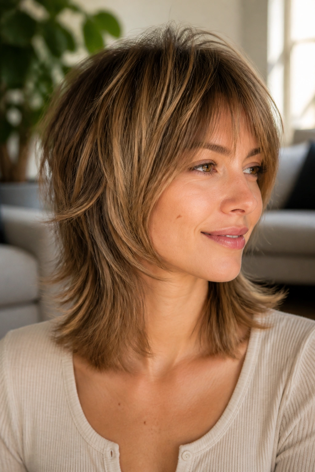Close-up portrait of a real woman with crown-lift wolf cut for fine hair, crown lift at the crown and blunt ends.