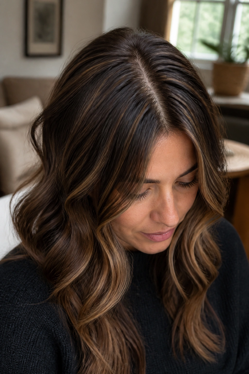 Portrait showing crown-lighting caramel balayage on a brunette under natural light