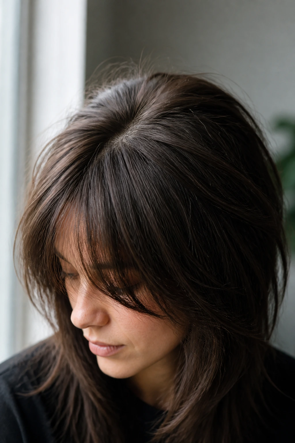 Close-up of a real woman showcasing crown micro-layers in her butterfly wolf cut