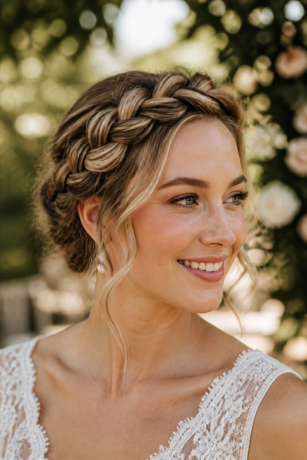 Close-up of a woman wearing a crown plait halo in a garden setting.