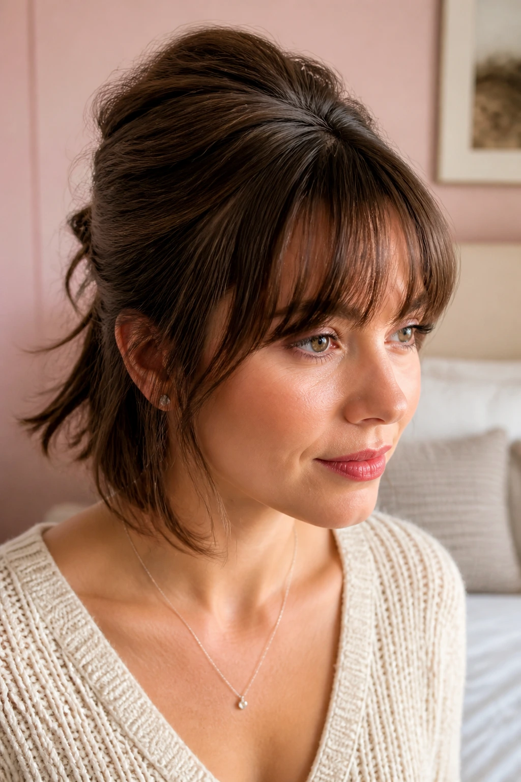 Close-up of real woman's head showing a soft crown pouf hairstyle.