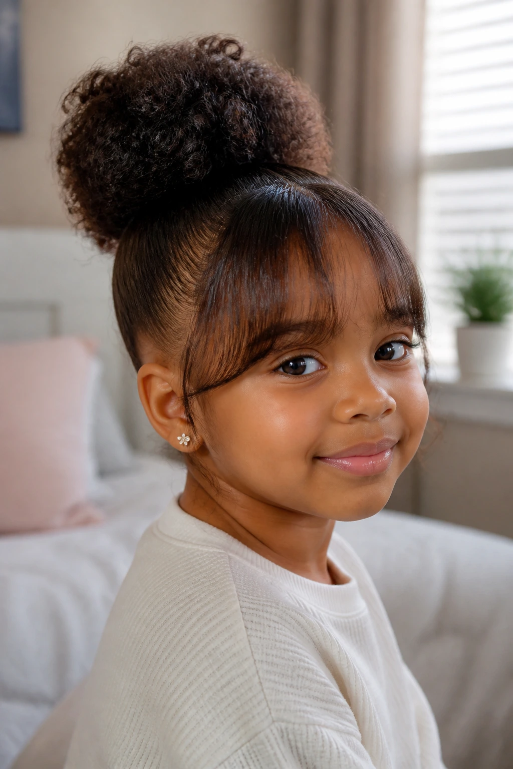 Close-up of a child wearing crown puff with bangs in warm natural light