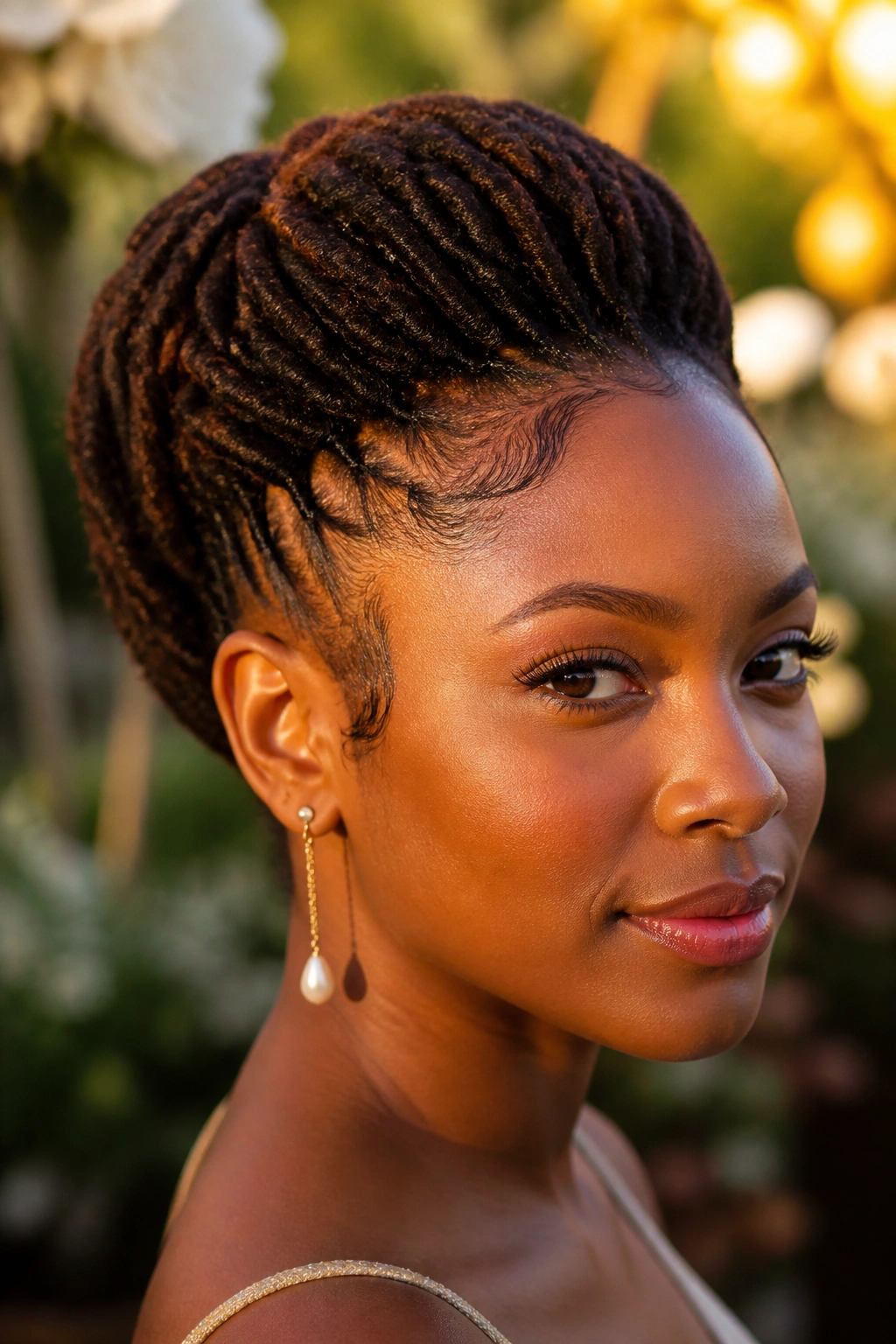Close-up of a woman with swept-back crown puff and defined edges