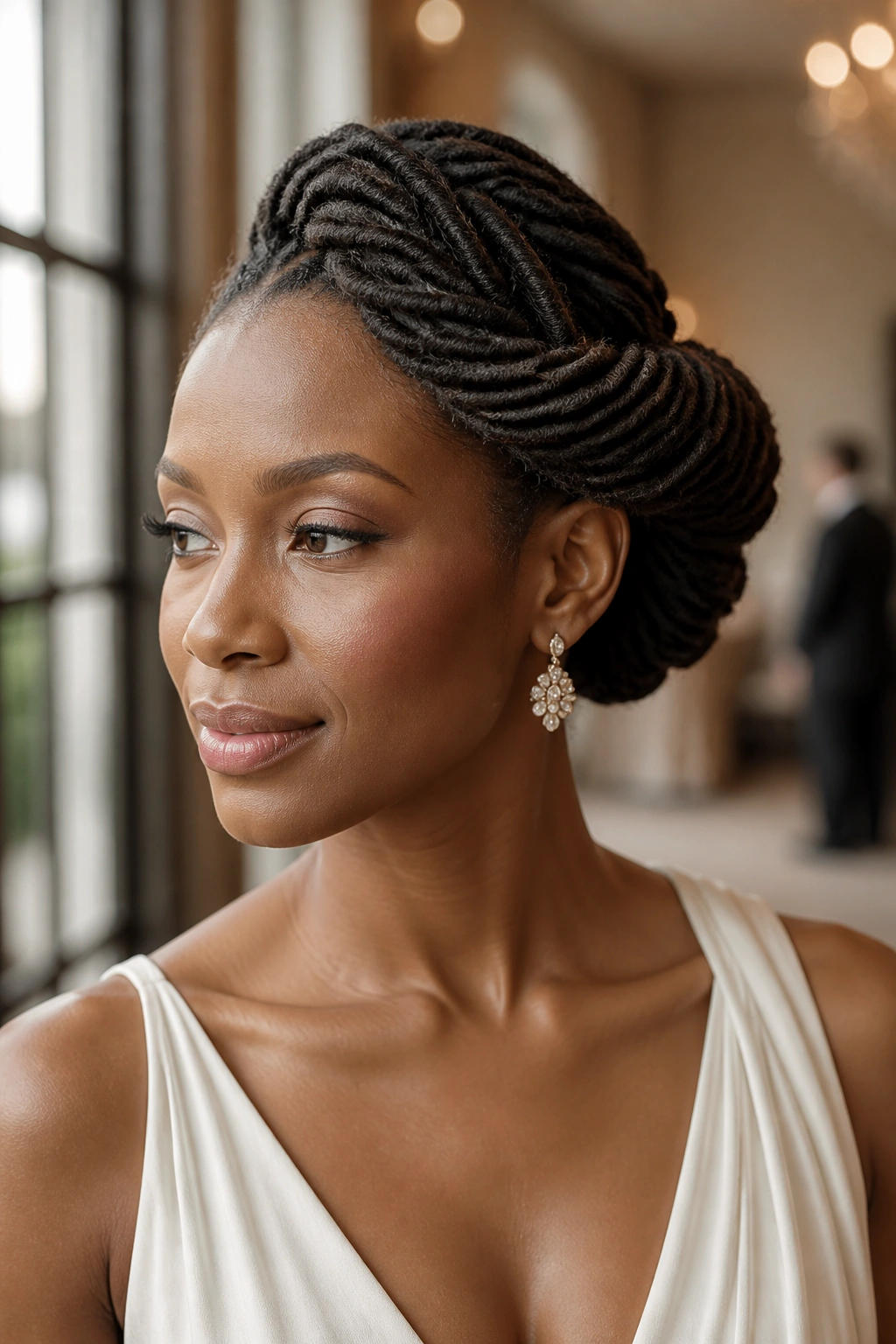 Medium profile of a woman with a side-swept crown roll hairstyle