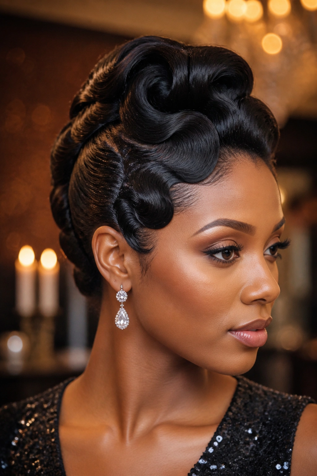 Close-up of finger waves featuring a crown roll on a real woman