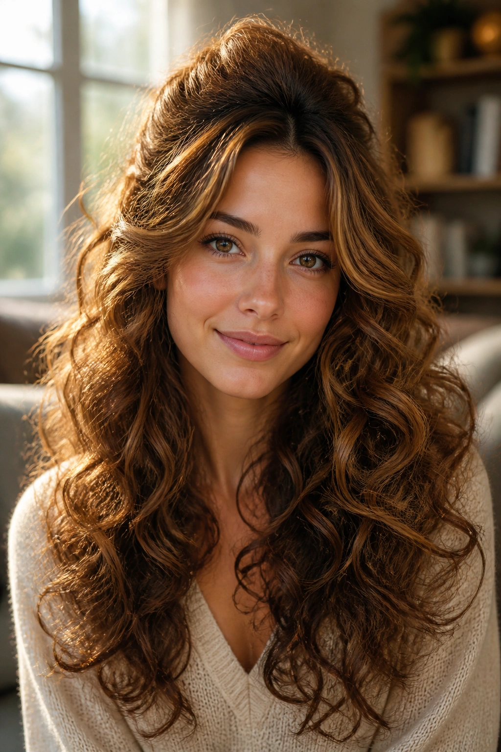 Close-up of a real woman with crown-teased halo curls in a cozy room