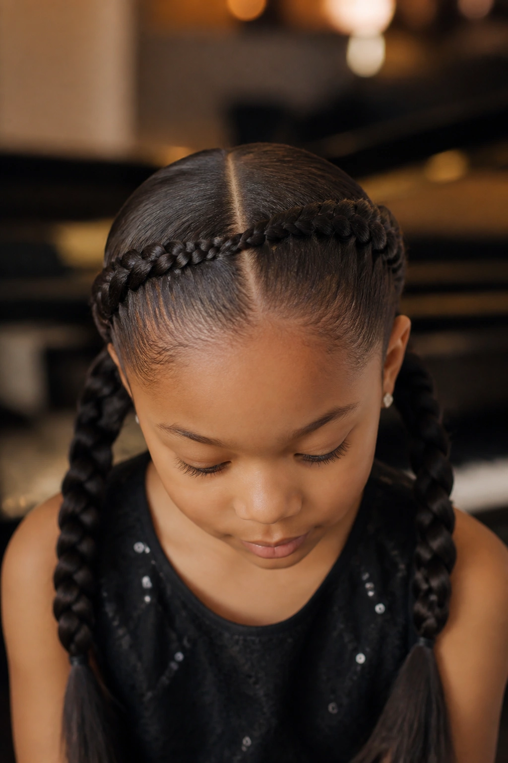 Person wearing crown-to-pigtail braids keeping hair controlled.