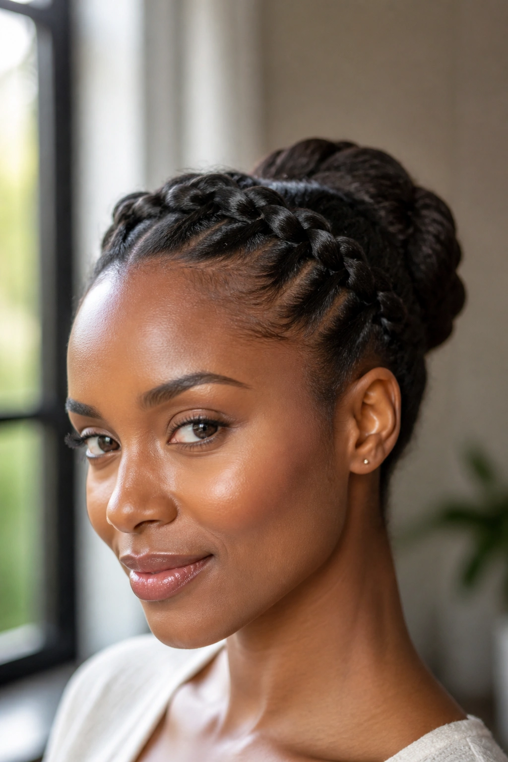 Close-up portrait of a real woman with crown twist bun along the hairline