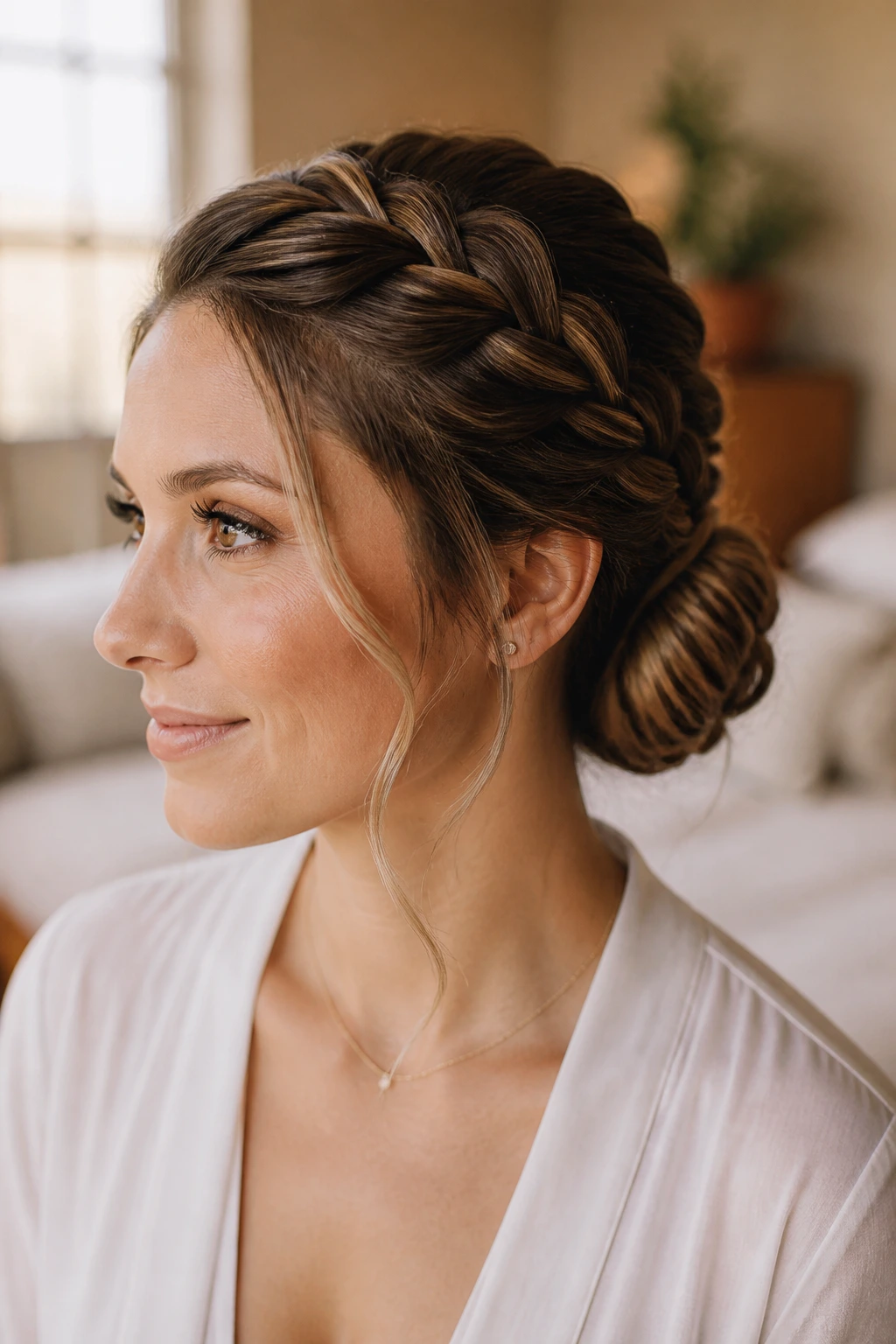 Close-up of Crown Twist with Nape Bun on a real woman, front twists form a crown-like frame with a low bun at the nape