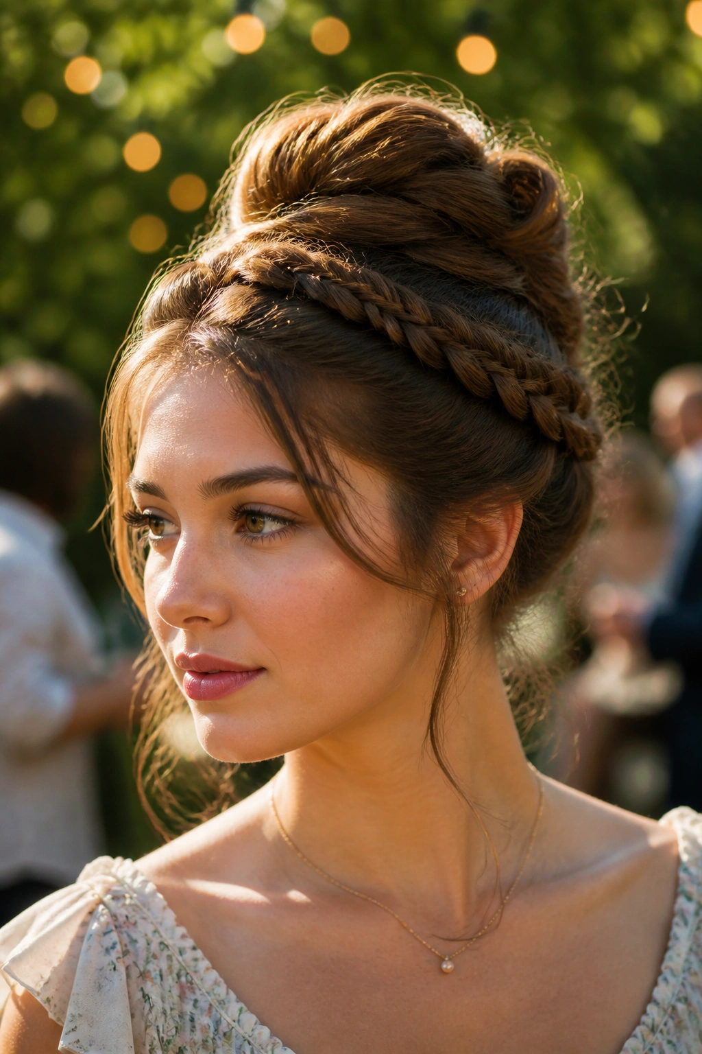 Close-up portrait of a real woman wearing a crown twist bun with braided base outdoors