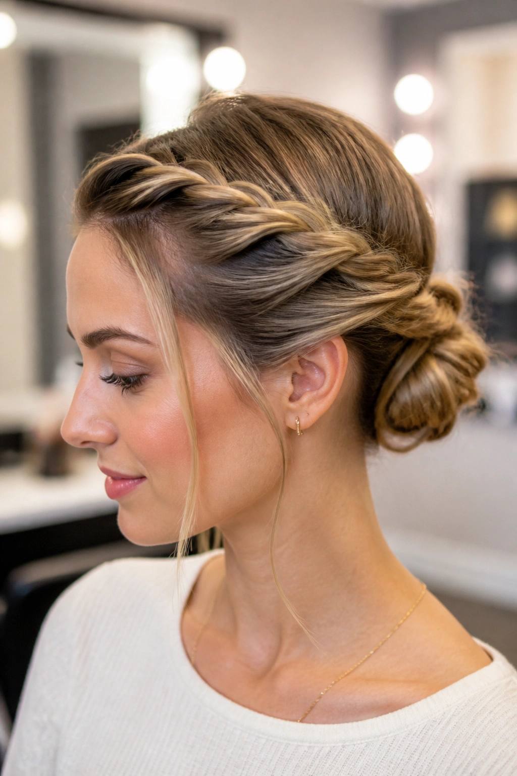 Medium close-up of a real woman with crown twists forming a crown and bun at the back.