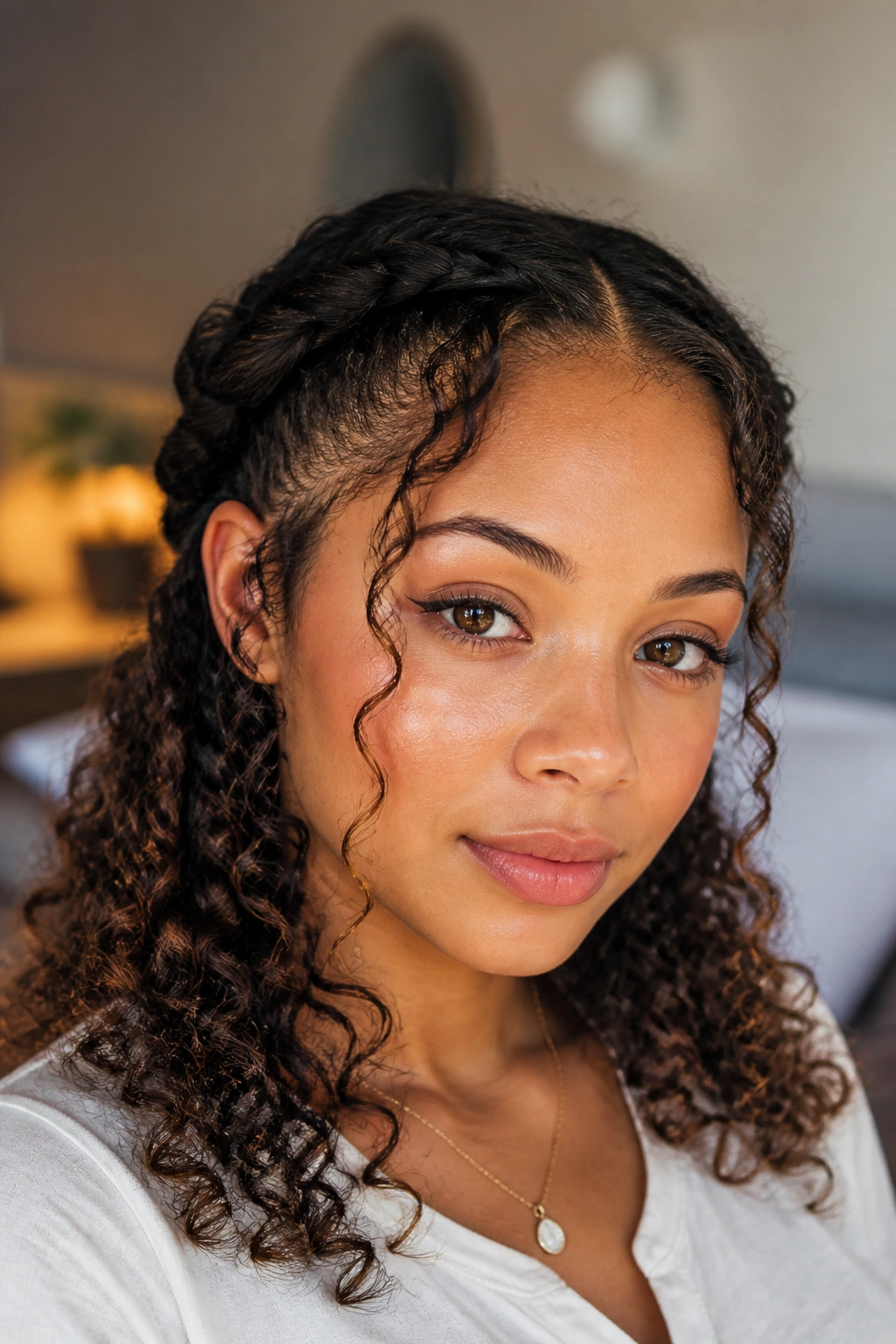 Close-up of a real woman with a curly crown twist and loose ends