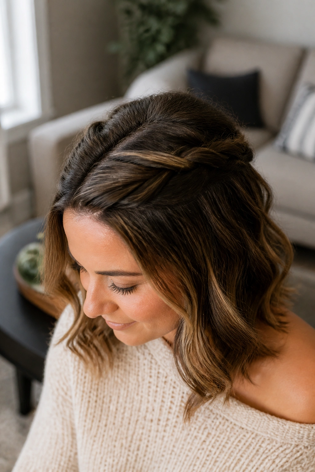 Close-up of a real woman with a loose crown twist at the top of her head