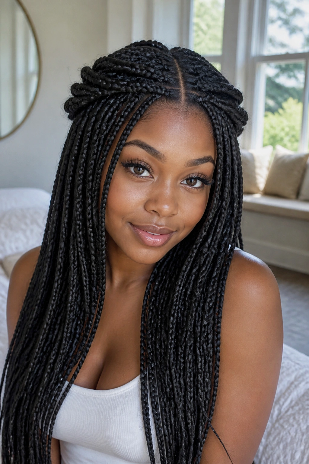 Close-up portrait of a real person with a half-up crown twist hairstyle.