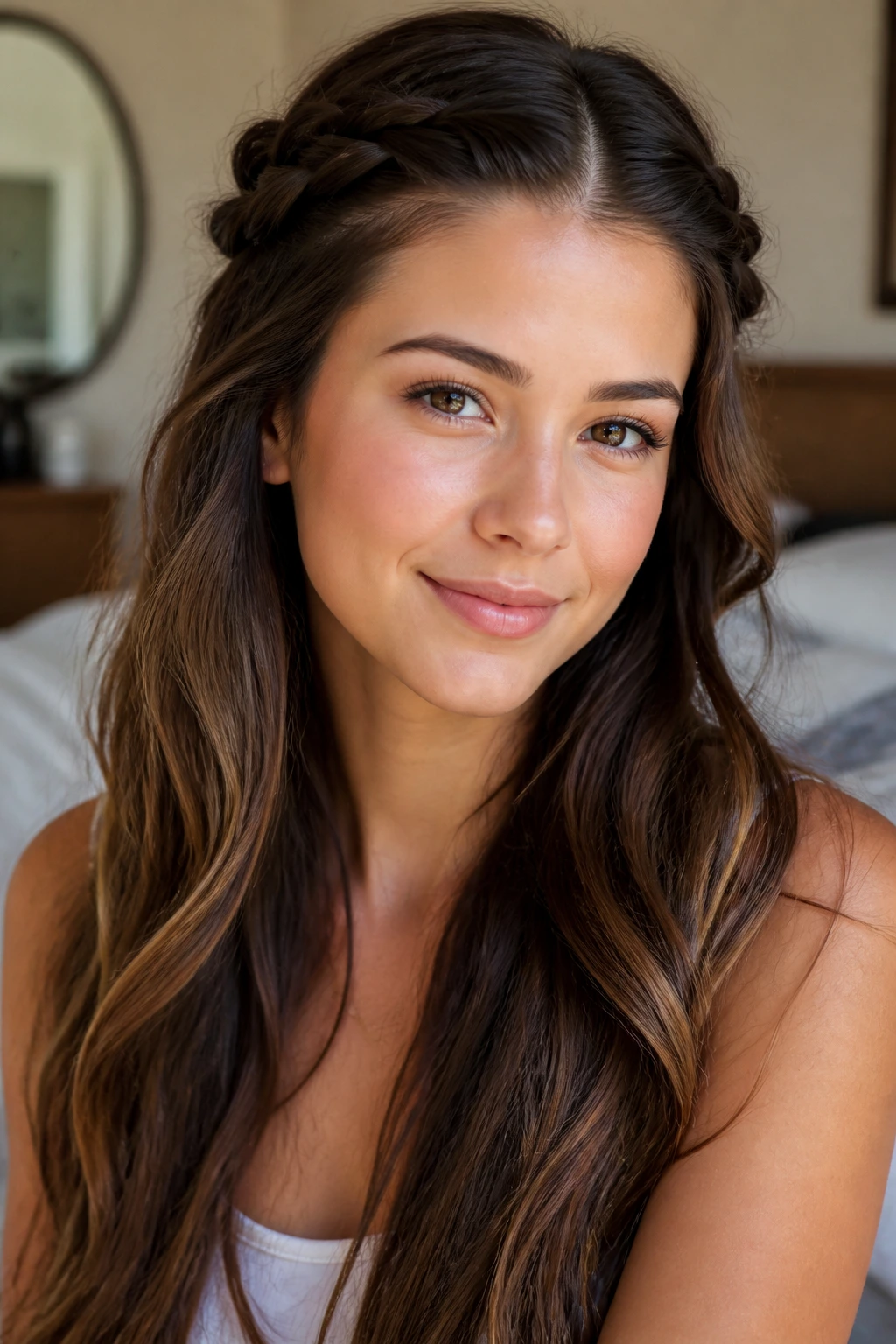 Close-up of a real woman with crown twists forming a soft headband and loose waves