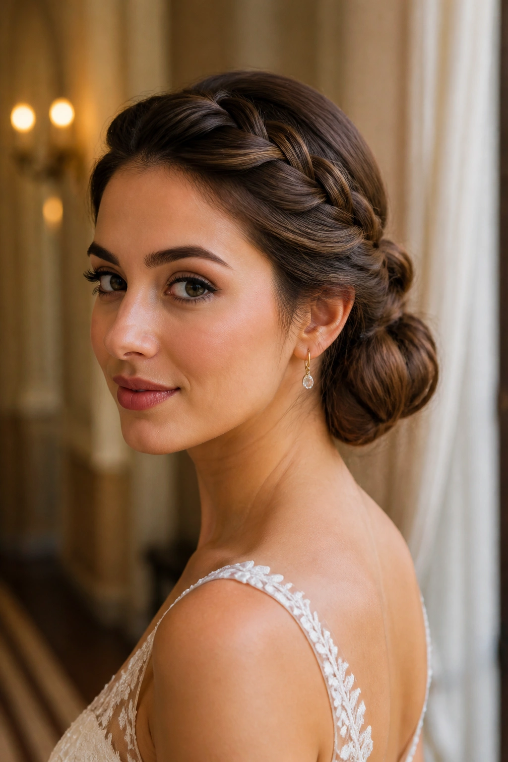 Close-up of a woman with crown twists into a low bun