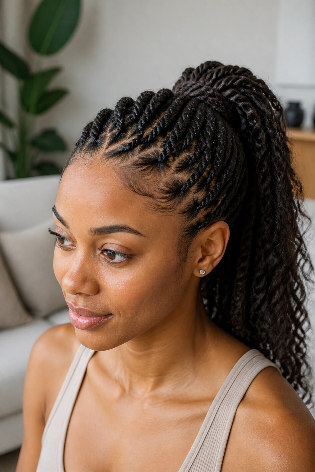 Close-up of a real woman's head showing crown twists joining into a ponytail at the crown.