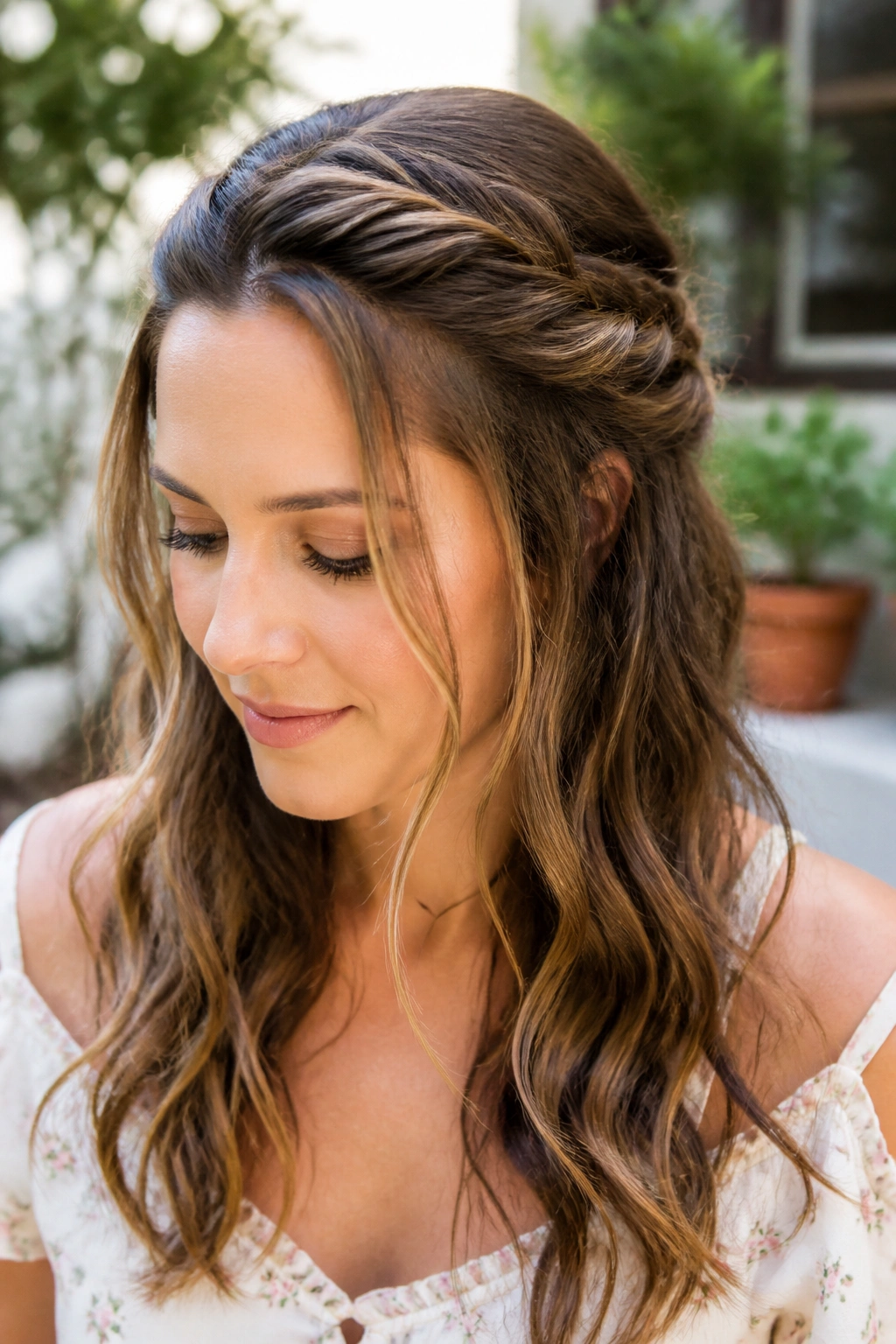 Close-up of a real woman with crown twists and soft waves.