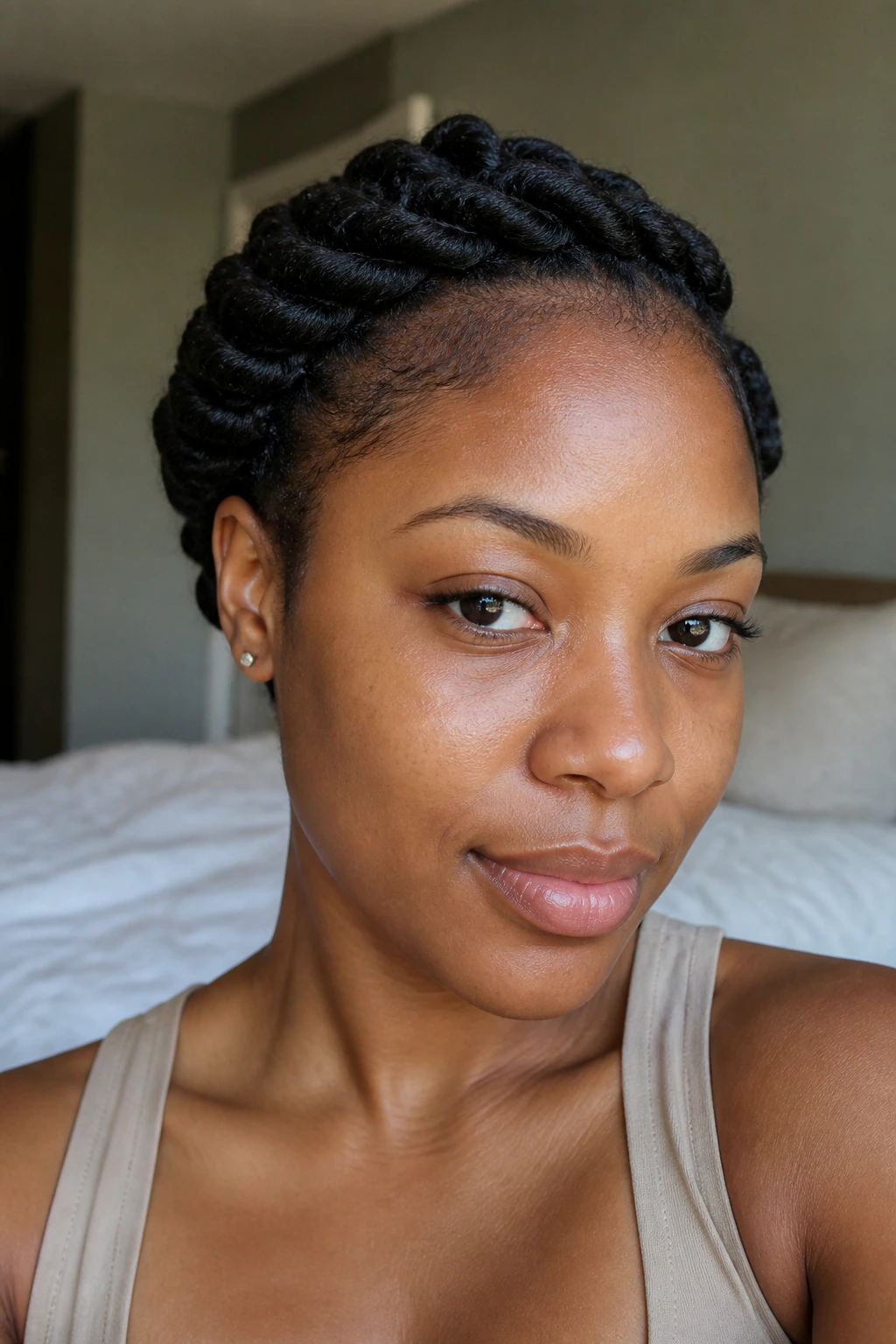 Close-up of a real woman with crown twists around the hairline