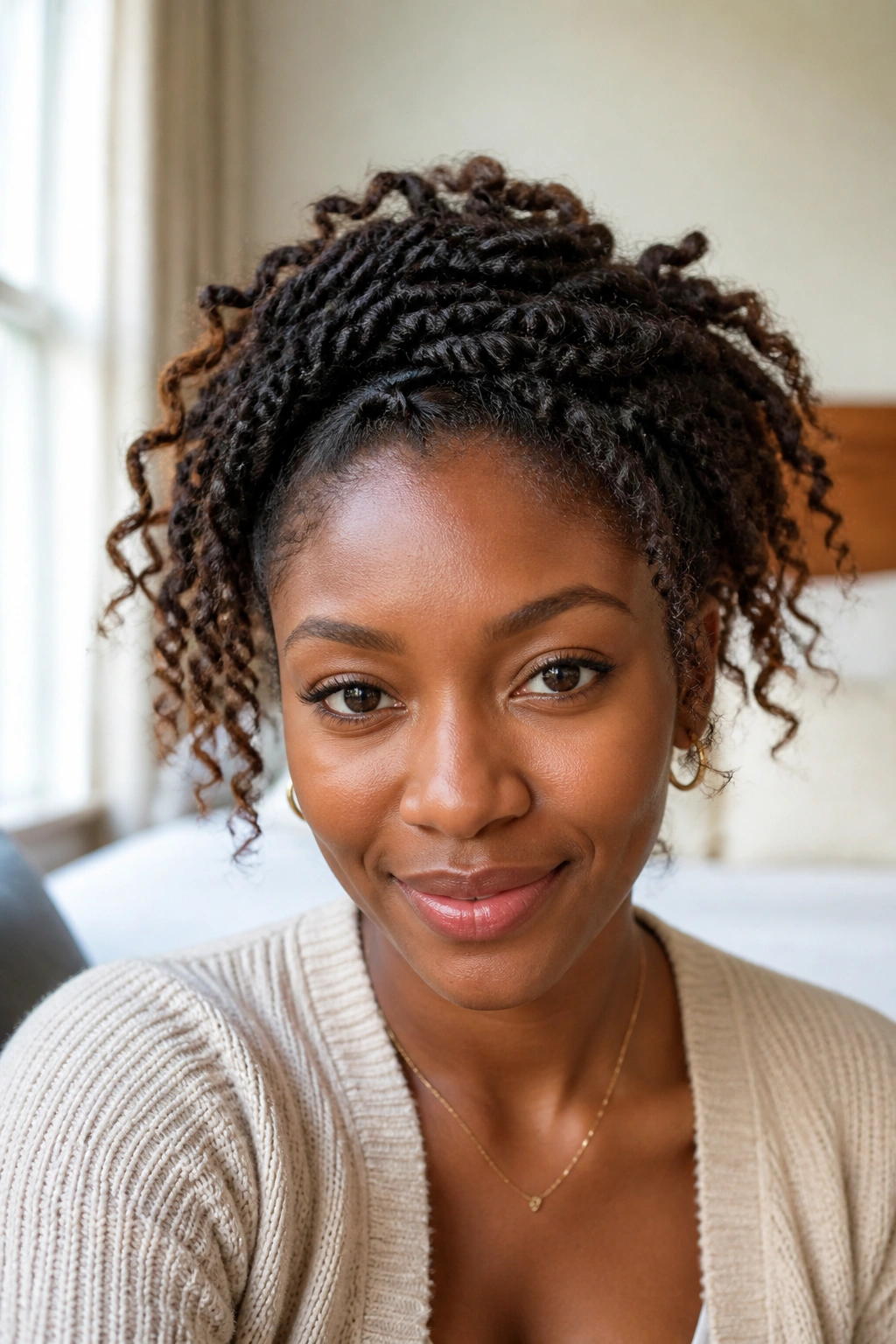 Close-up of a real person with crown twists and loose ends