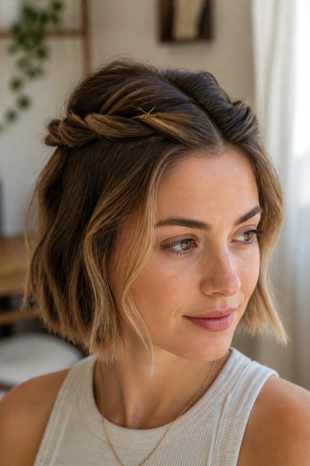 Close-up of real woman with crown twists on a chin-length bob