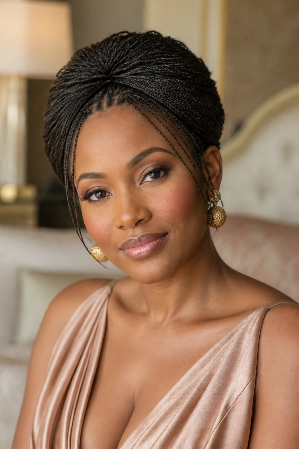 Close-up of a real woman with crown updo micro braids