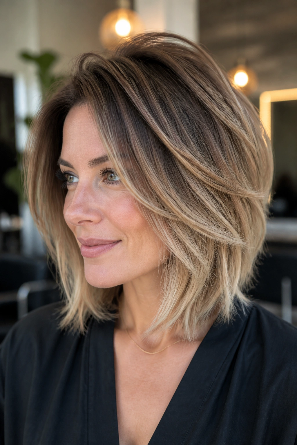 Close-up portrait of real woman with crown-volume layered bob in salon