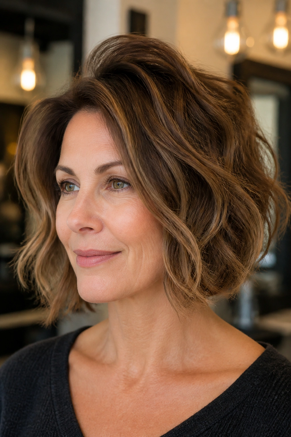 Close-up of a real woman with a crown-volume bob and tousled ends in warm salon lighting