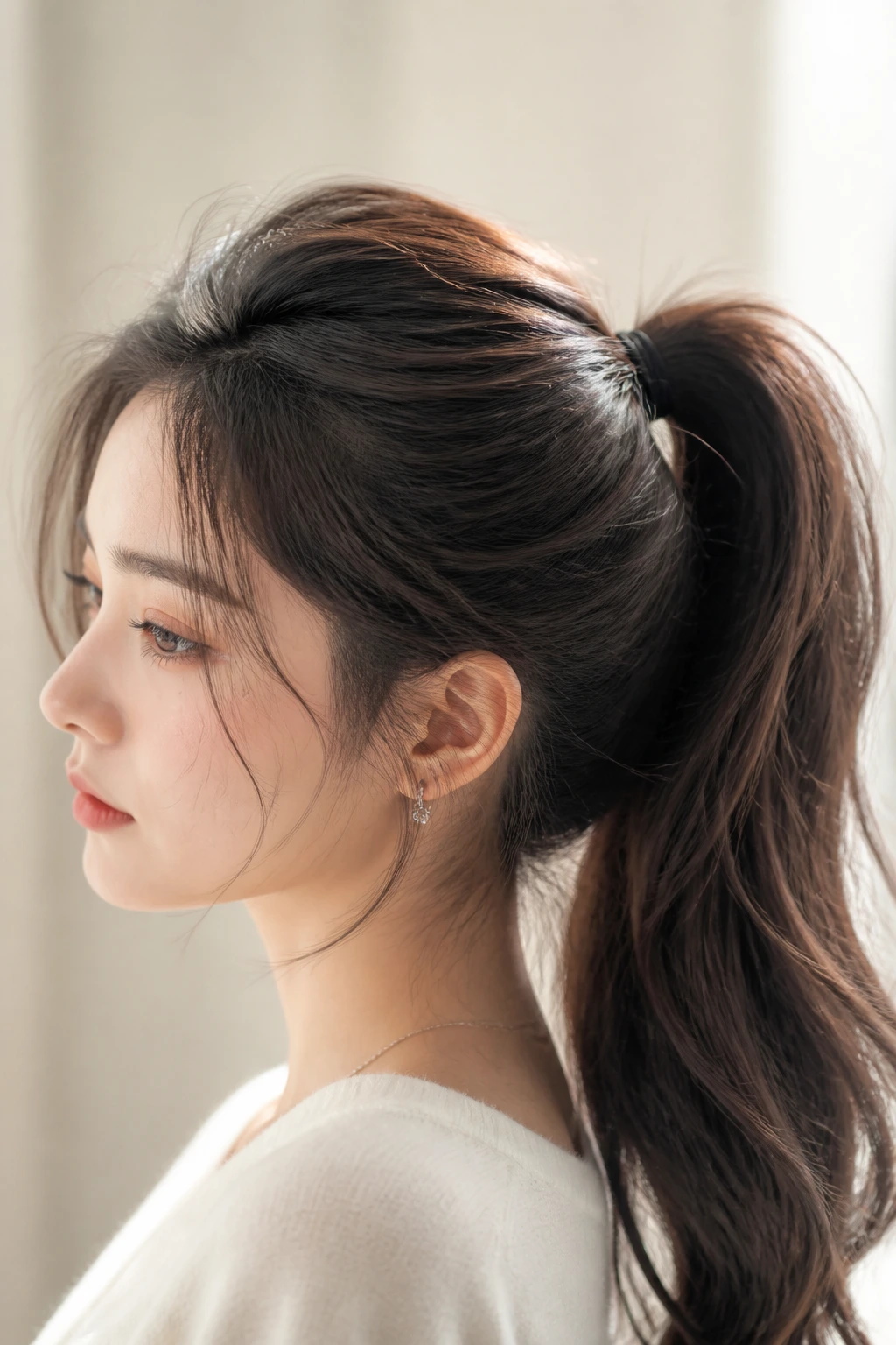 Portrait of a real woman with crown-volume high ponytail under natural light.