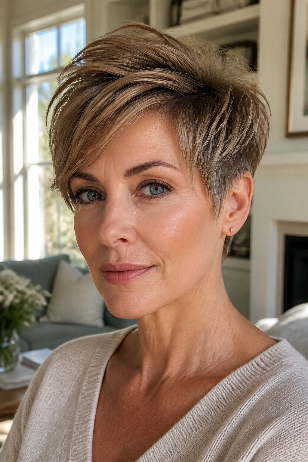 Close-up portrait of a real woman with a tapered crown-volume pixie under natural light