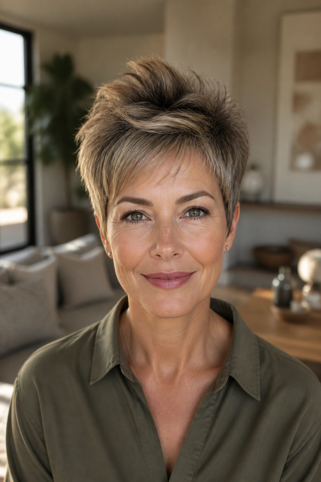 Portrait of a real woman with crown-volume pixie showing lift at the crown.