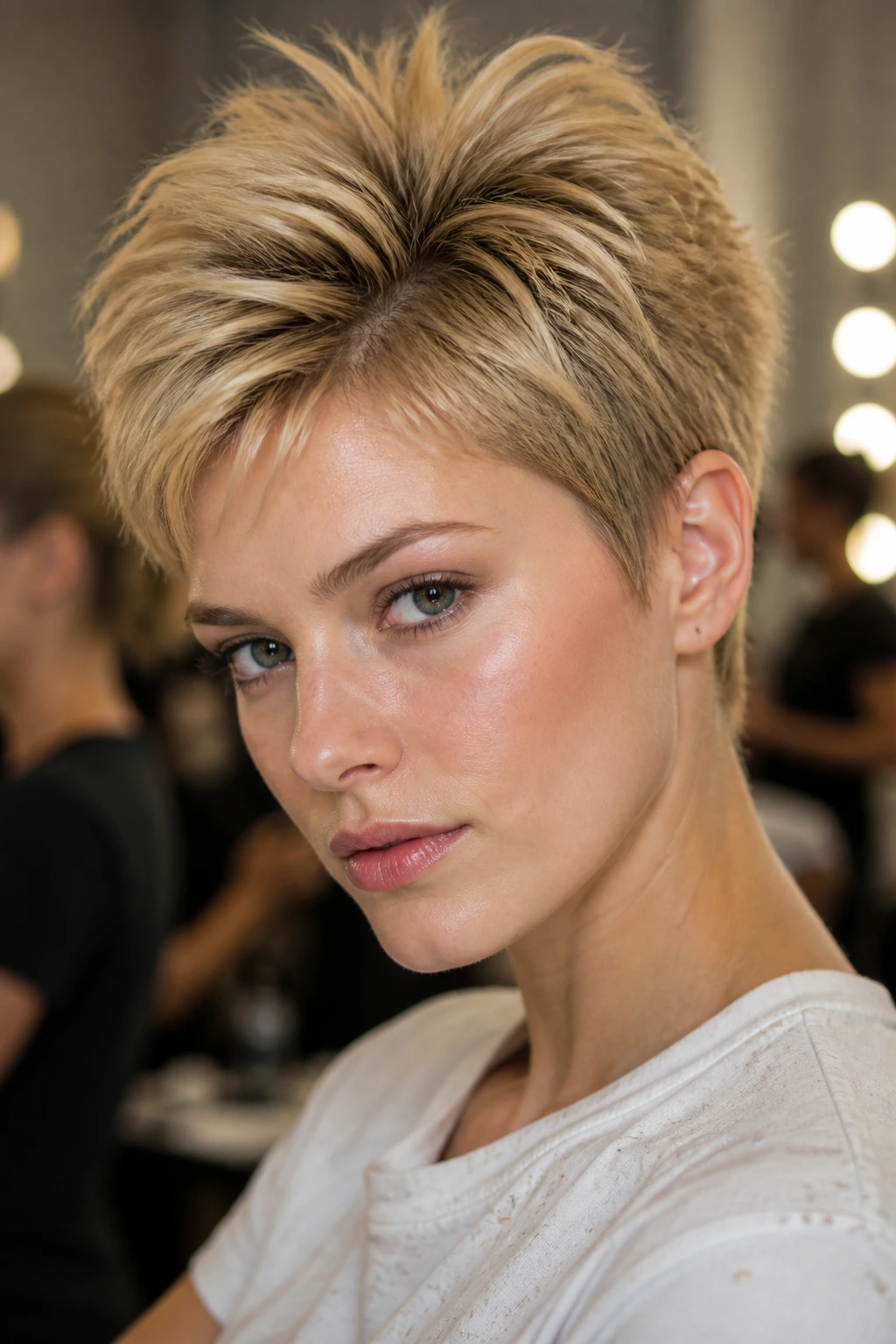 Medium-close portrait of a real person with crown-volume pixie and lifted roots