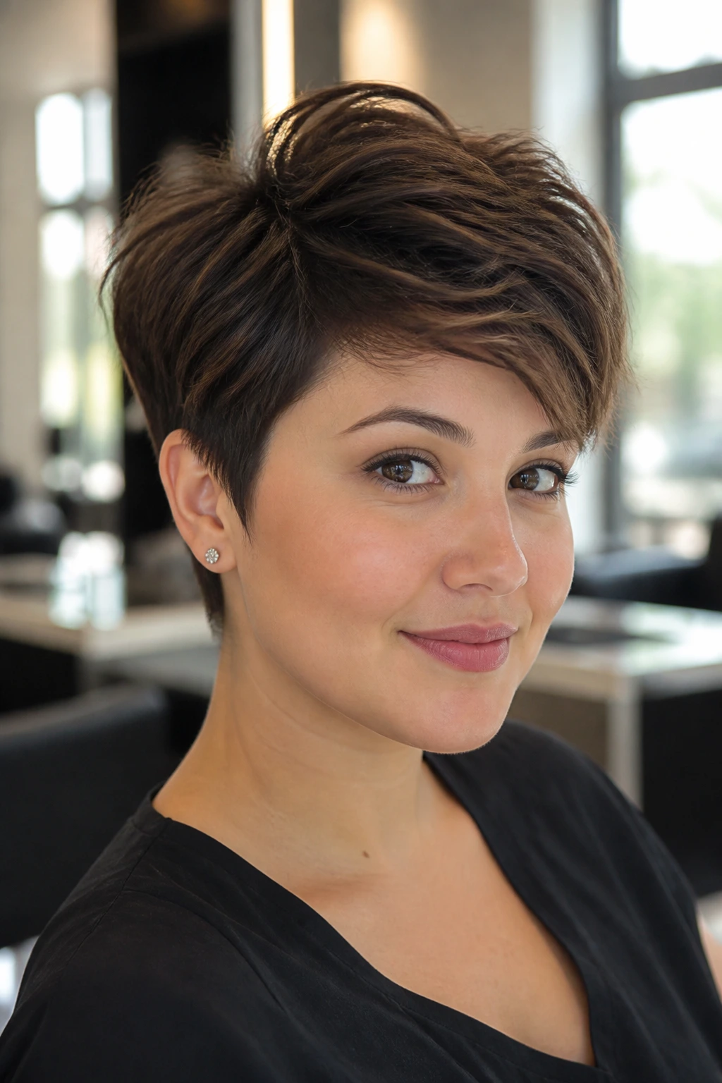 Crown-volume pixie cut on a real woman with elevated crown
