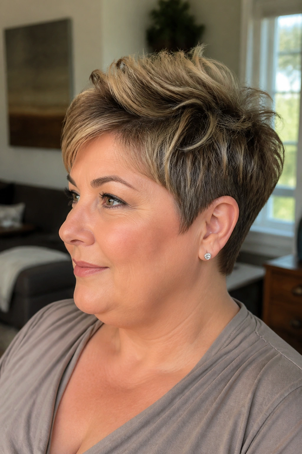 Close-up portrait of a real woman with crown-volume tapered pixie and lifted crown.