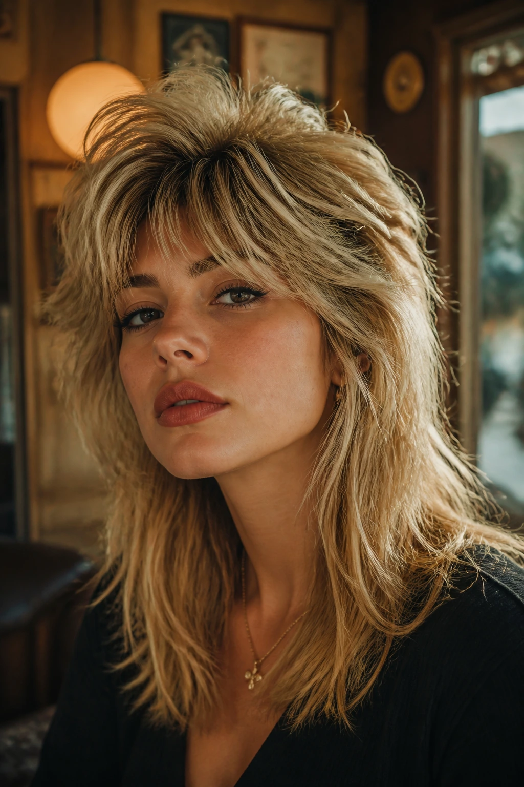 Portrait of a real woman with heavy crown volume shag in a retro room
