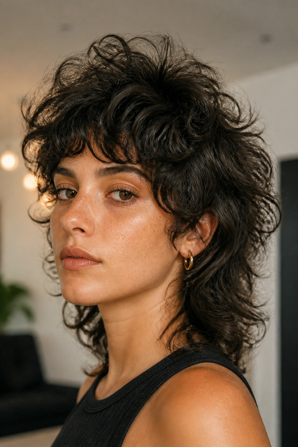 Close-up portrait of real person with heavy crown volume shag