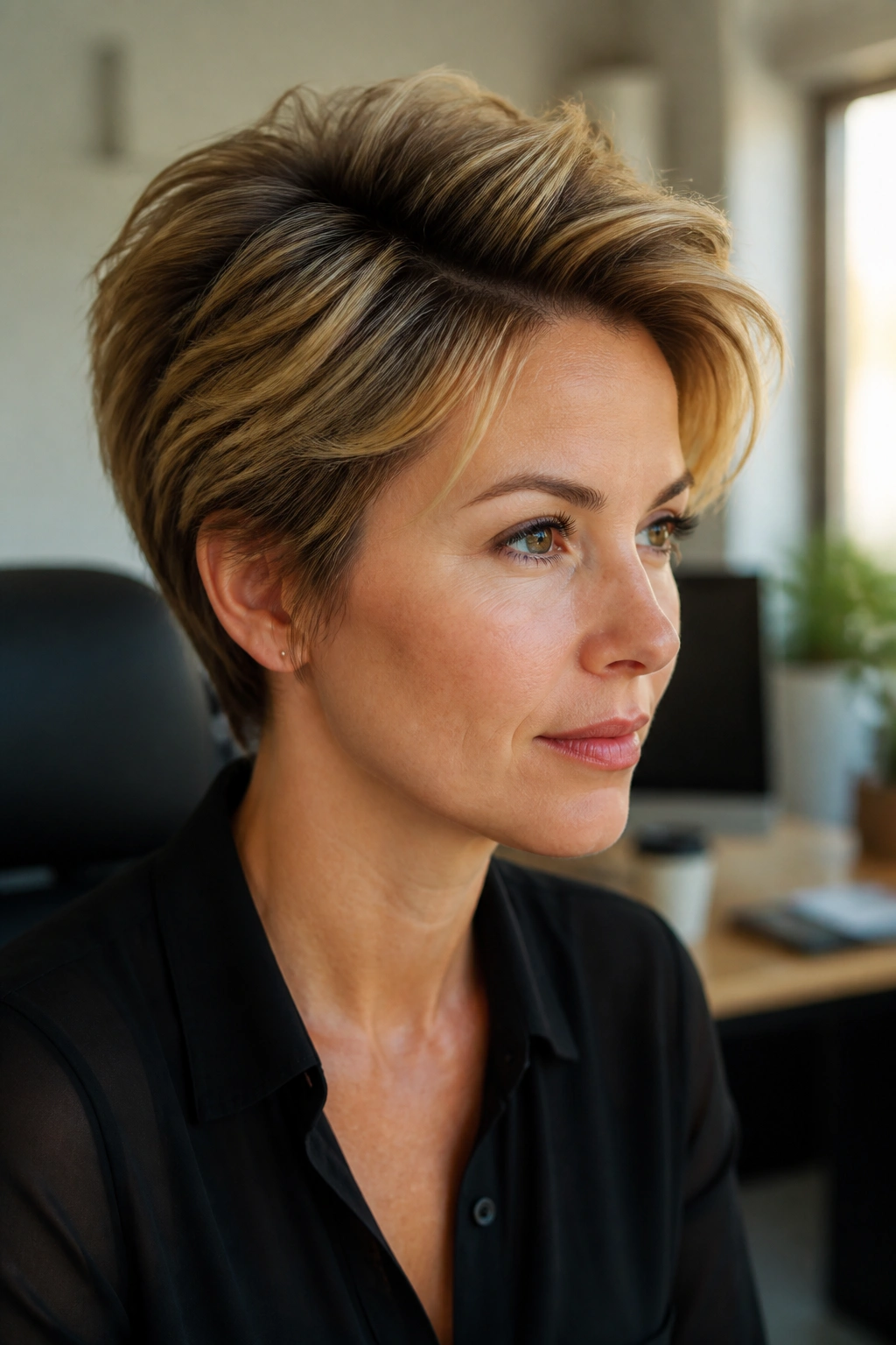 Real person with short layered cut and crown volume in a modern workspace
