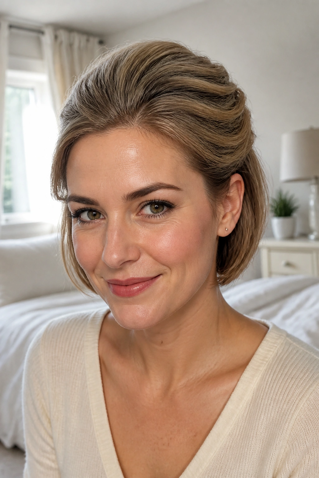 Medium close-up of a woman with crown volume pinned behind her ears