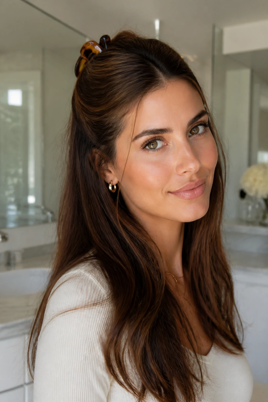 Close-up of a real woman with a clipped-back crown half-up hairstyle