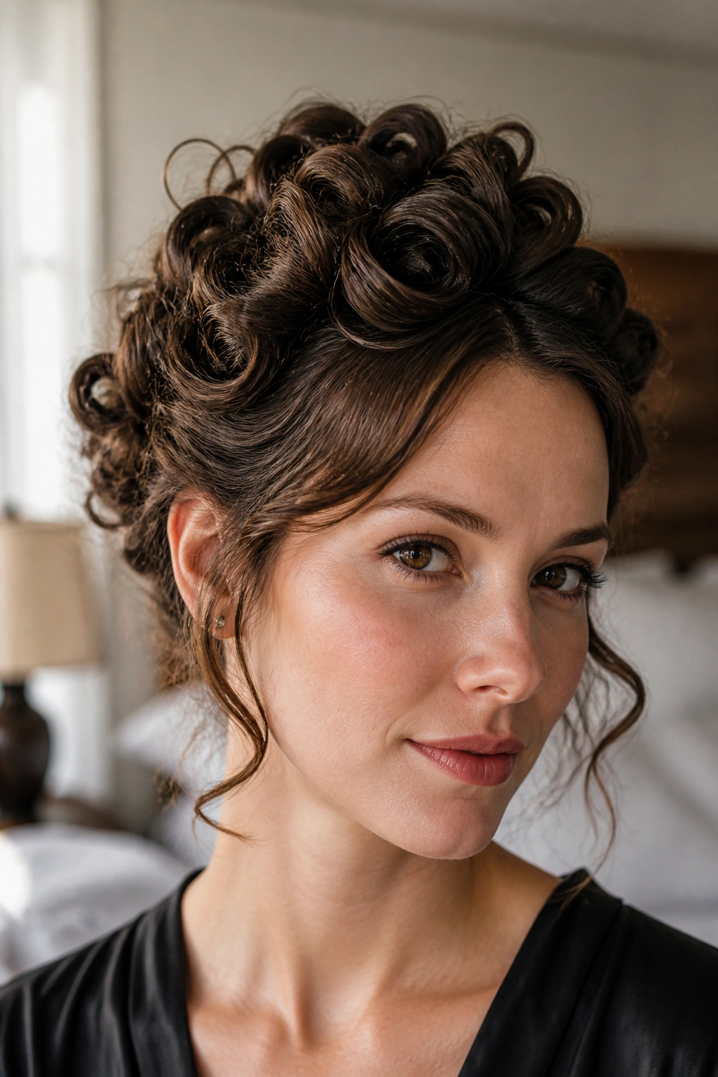 Close-up of a real woman with crowned pin-curl updo, textured crown curls