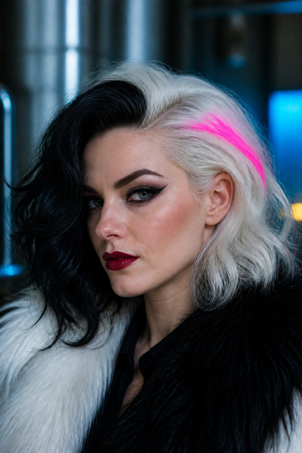 Close-up of a real person with Cruella style black and white hair and neon accent
