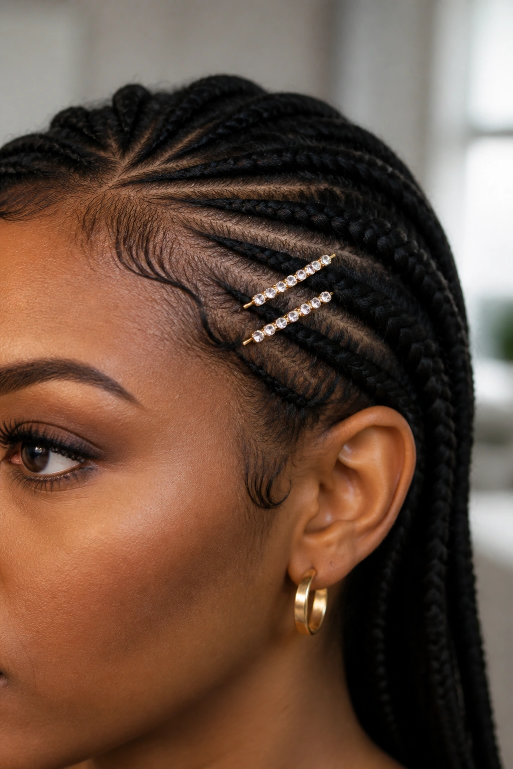 Close-up of a real person with crystal bobby pins at the temple