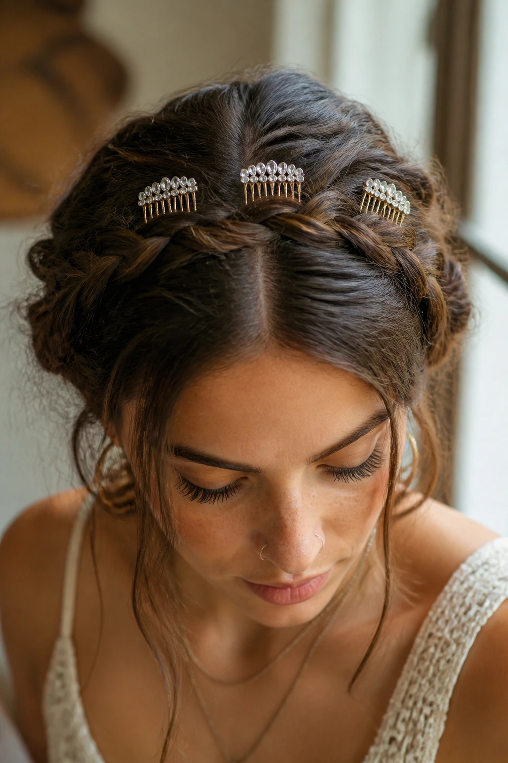 Close-up of crown braid with crystal mini combs placed at the crown on a real person
