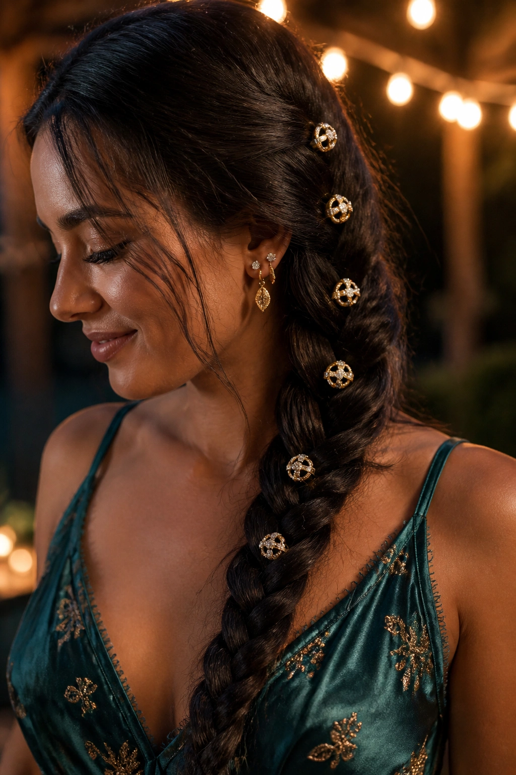 Close-up of a real woman with crystal-set rings on a side braid under warm lighting