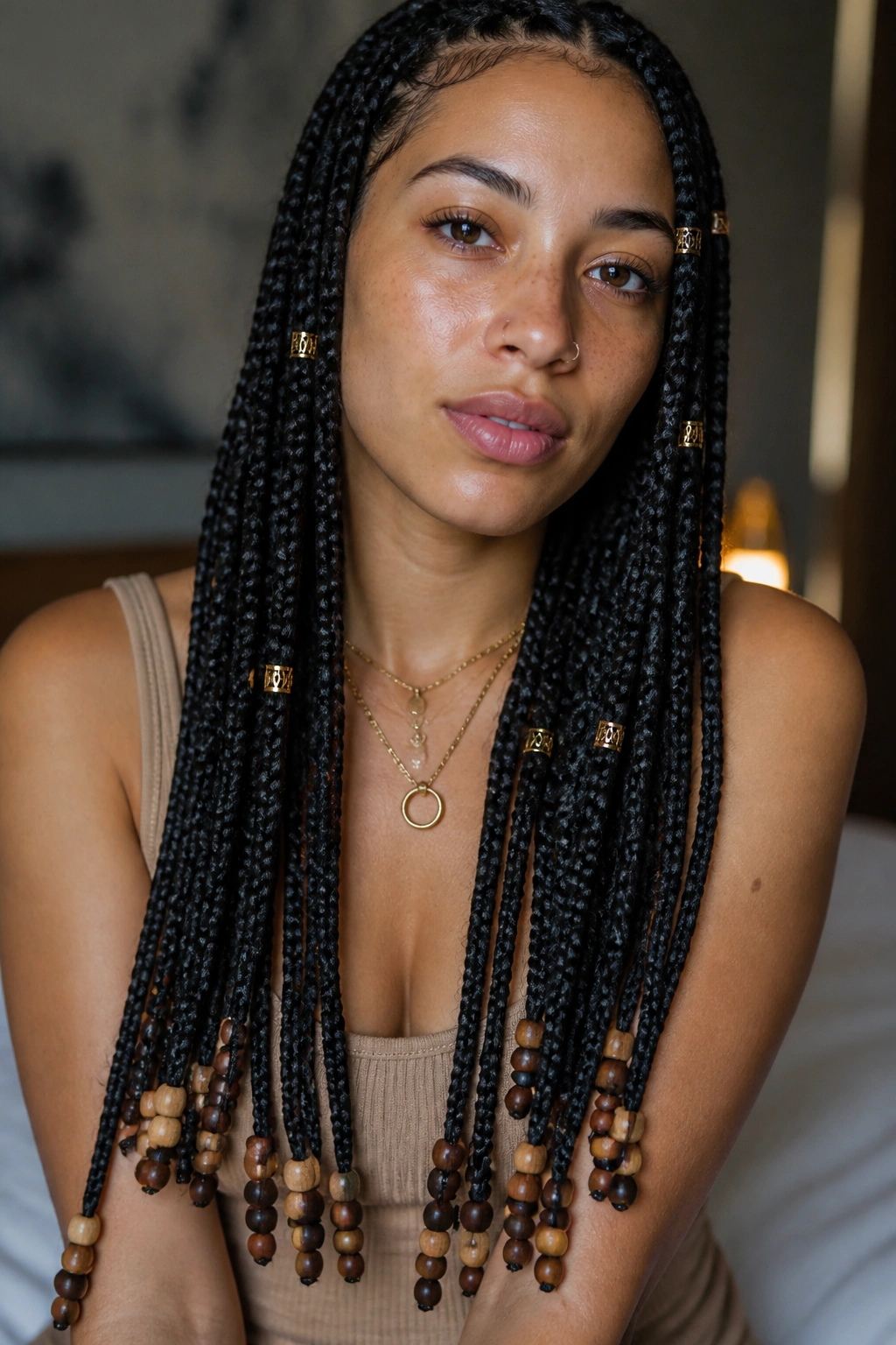 Long box braid with cuffs near mid-lengths and beads near the ends on a real person.