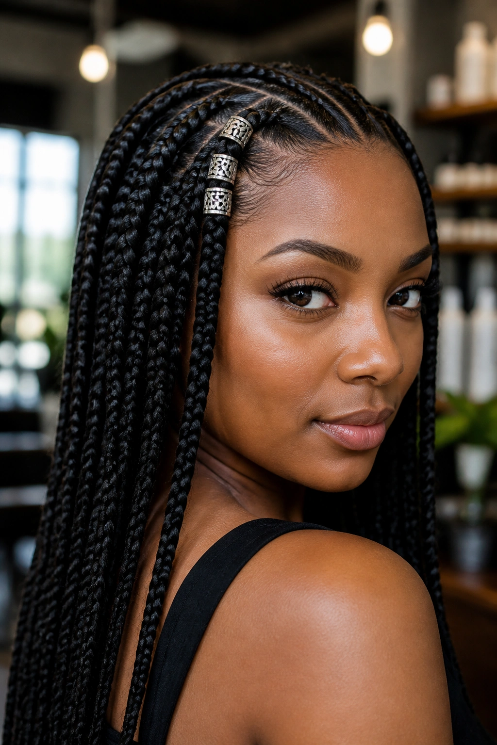 Close-up of a real woman's head showing three cuffs clustered on one box braid at the crown.