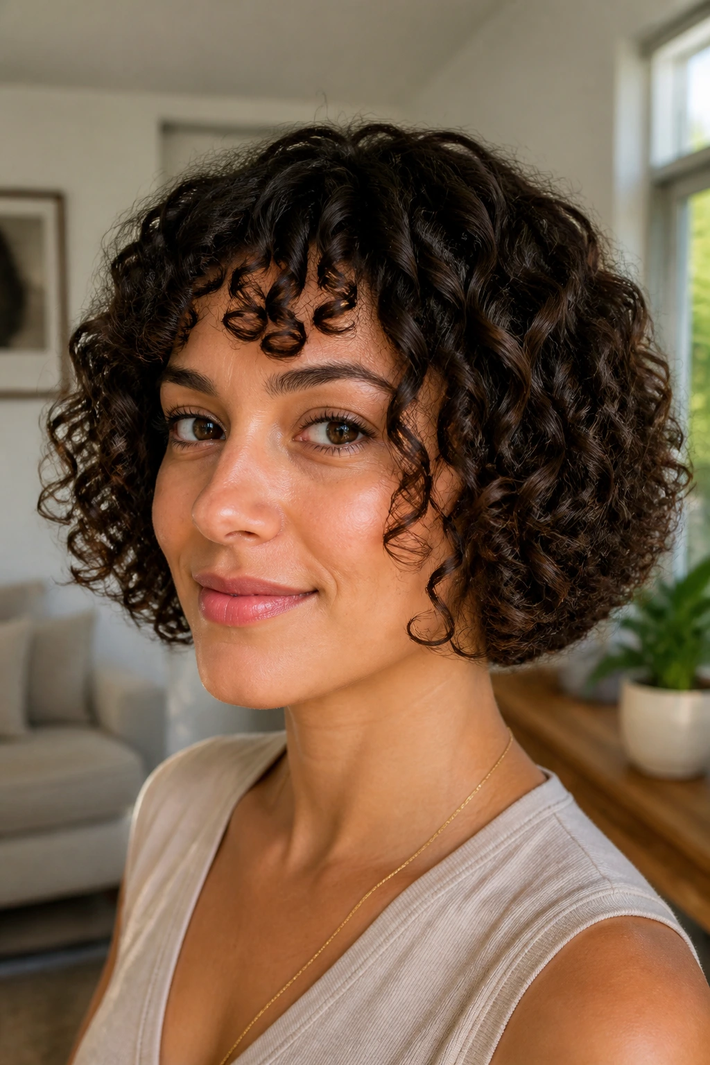 Close-up portrait of a real woman with curl-by-curl dry-cut curly bob