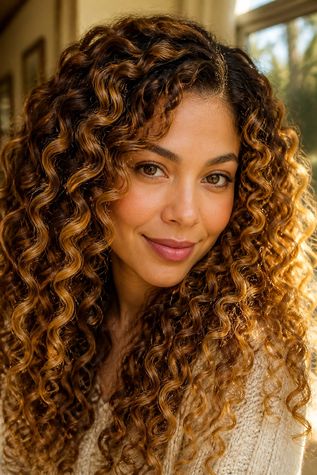 Close-up of a real woman with cocoa, maple, and gold curl highlights